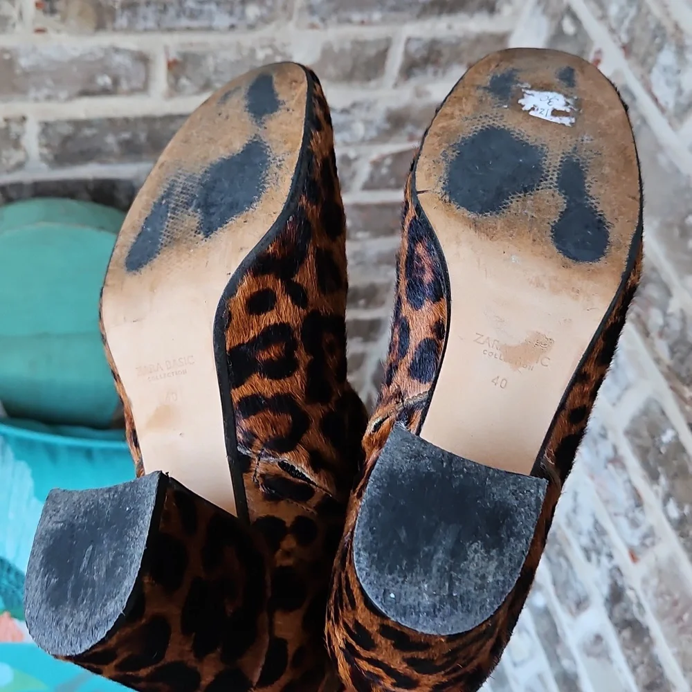Zara Leopard Print Calf Hair Heeled Ankle Boots